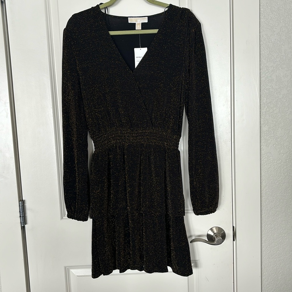 NWT Michael Kors Metallic Tiered Dress. Black/Gold.  Size Small.